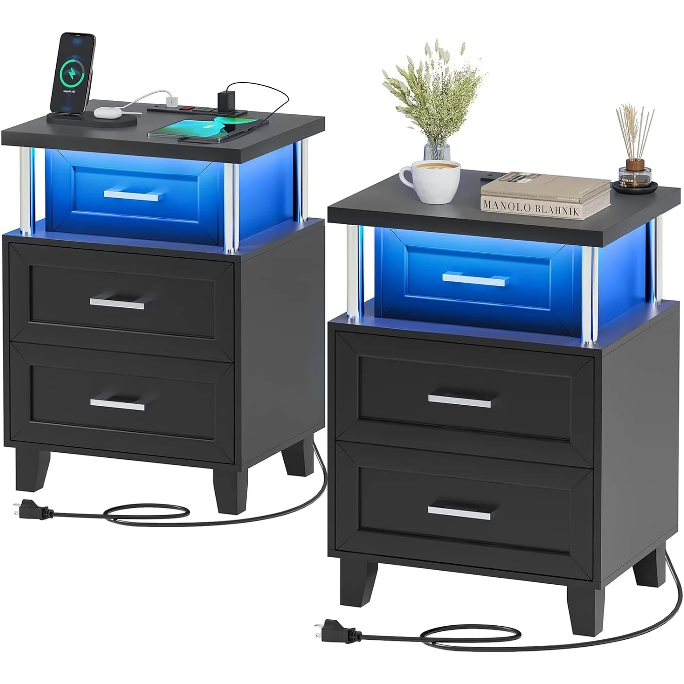 Bedroom Nightstand Charging Station RGB Lights 3 Drawers