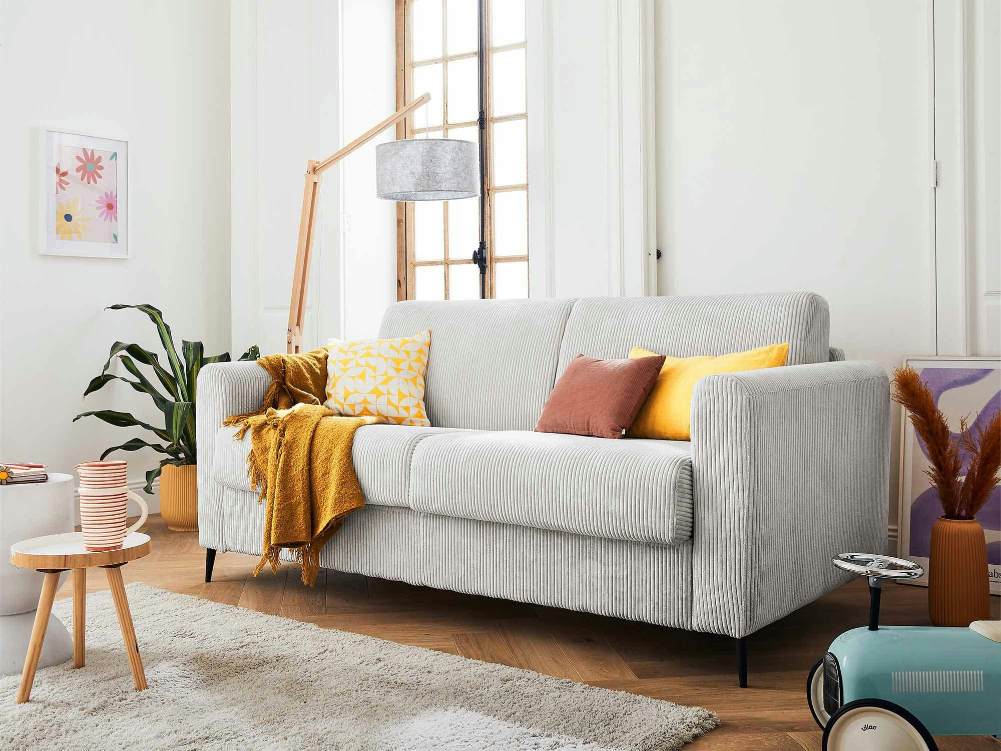 OWEN - Canapé droit convertible 3 places en velours côtelé gris clair