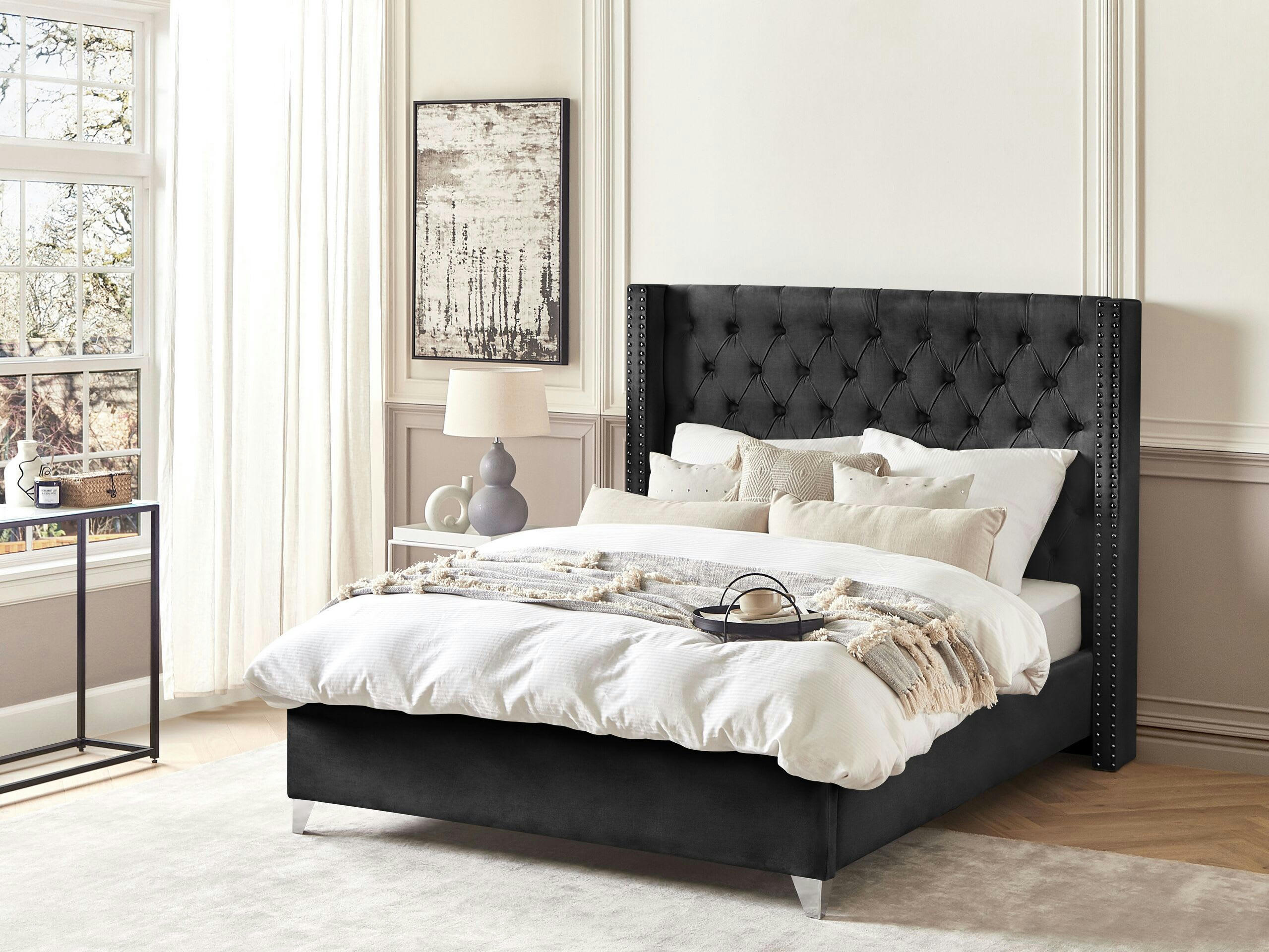 LUBBON - Lit double en tissu noir 140x200