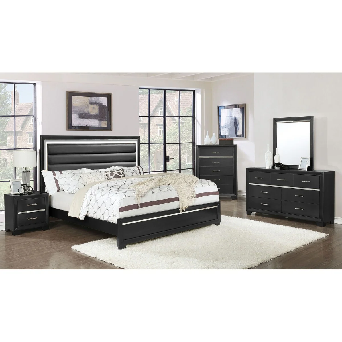 Pandora Modern Bedroom Set with Faux Leather Tufted Headboard & LED Lights