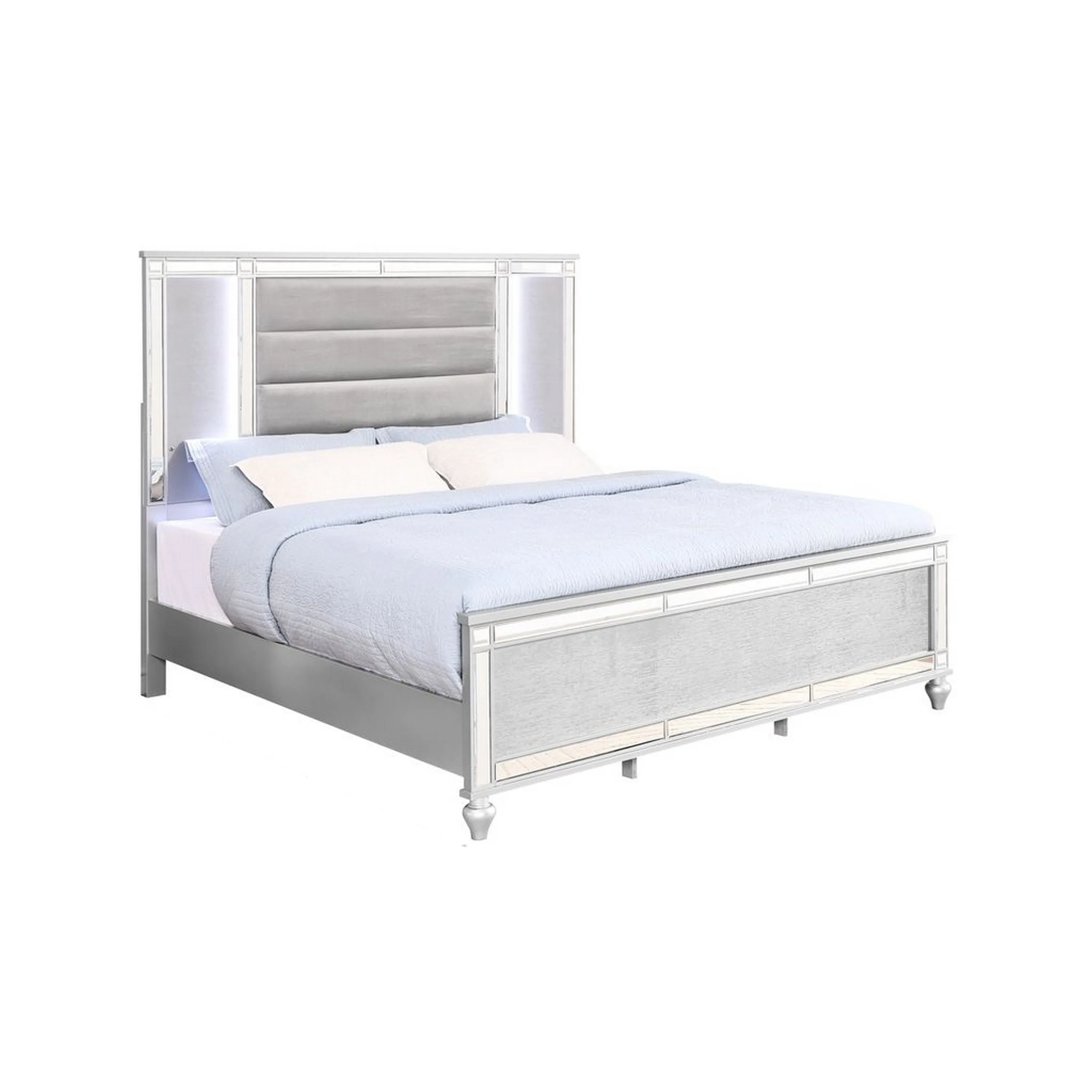 Lio 4pc Queen Bedroom Set with Nightstand, Dresser, LED Mirror, Silver