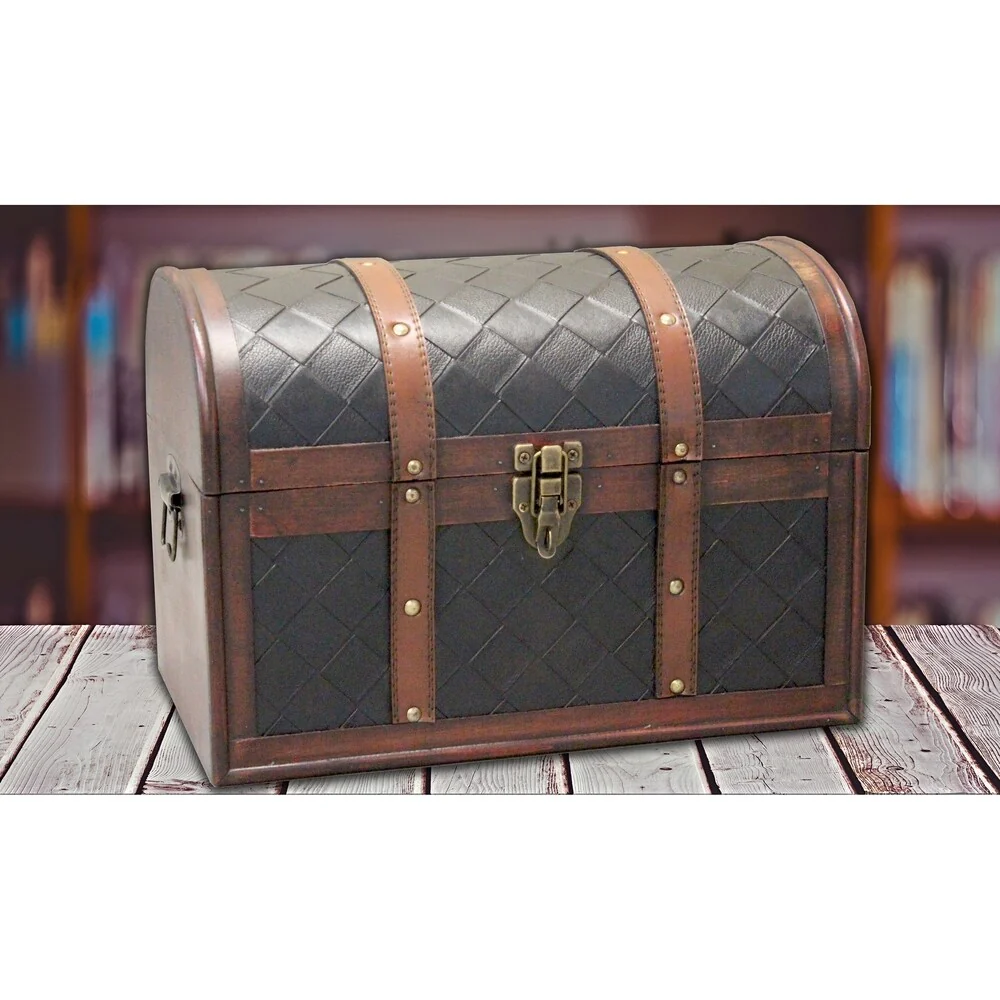 Wood and Leather Domed Treasure Chest - cherry