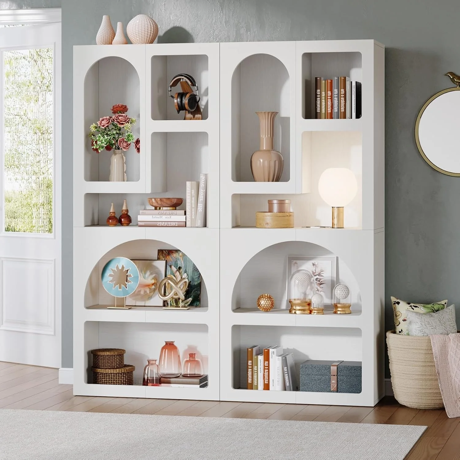 70” White Wood Bookshelf with 5 Storage Shelves for Living Room