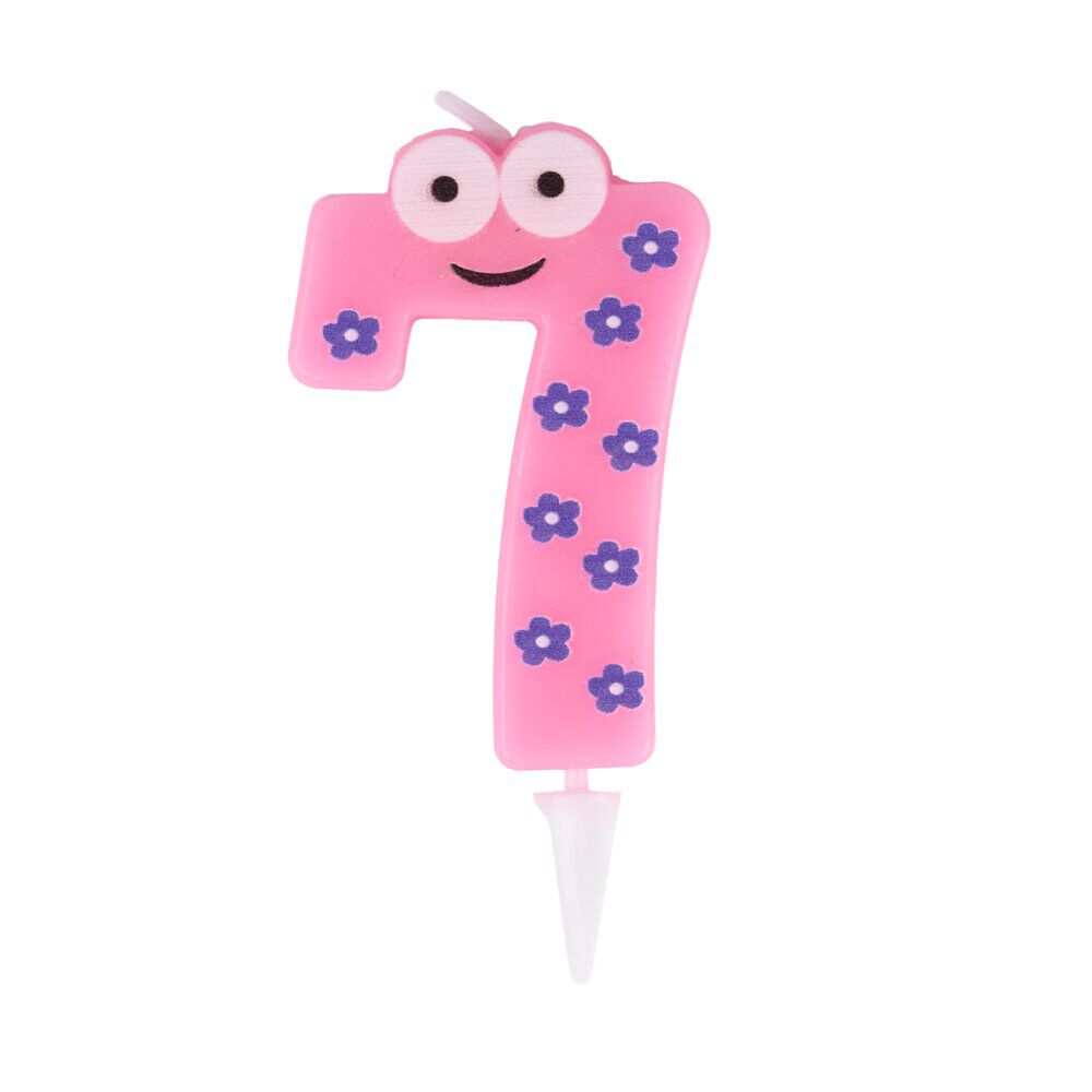 Bougie chiffre 7 personnage fleurs rose et violet H8,5cm