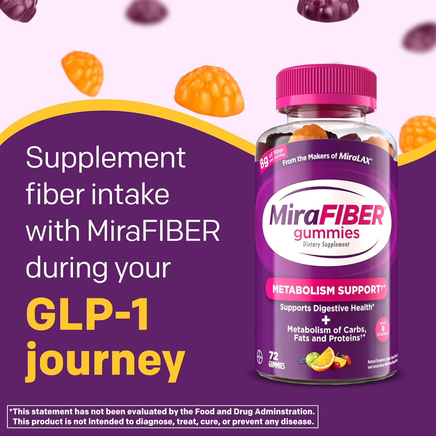 MiraFIBER Gummies from The Makers of MiraLAX, 8g of Daily Fiber Per Serving, Metabolism Support with B Vitamins, Gut Health for Men & Women,Prebiotic Fiber Gummies for Adults, Mixed Fruit Flavor 72Ct