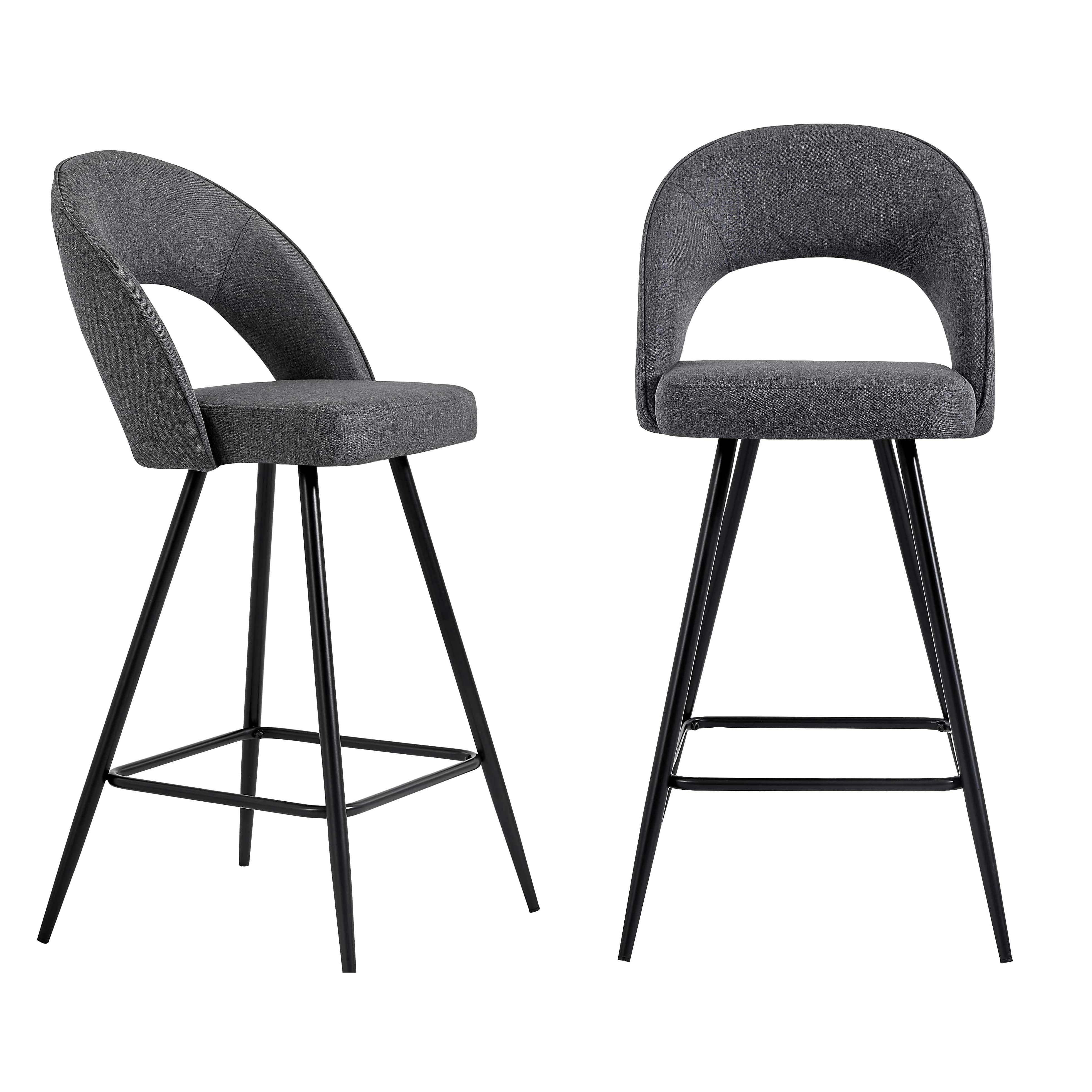 BASILE - Lot de 2 tabourets de bar en tissu gris piètement noir