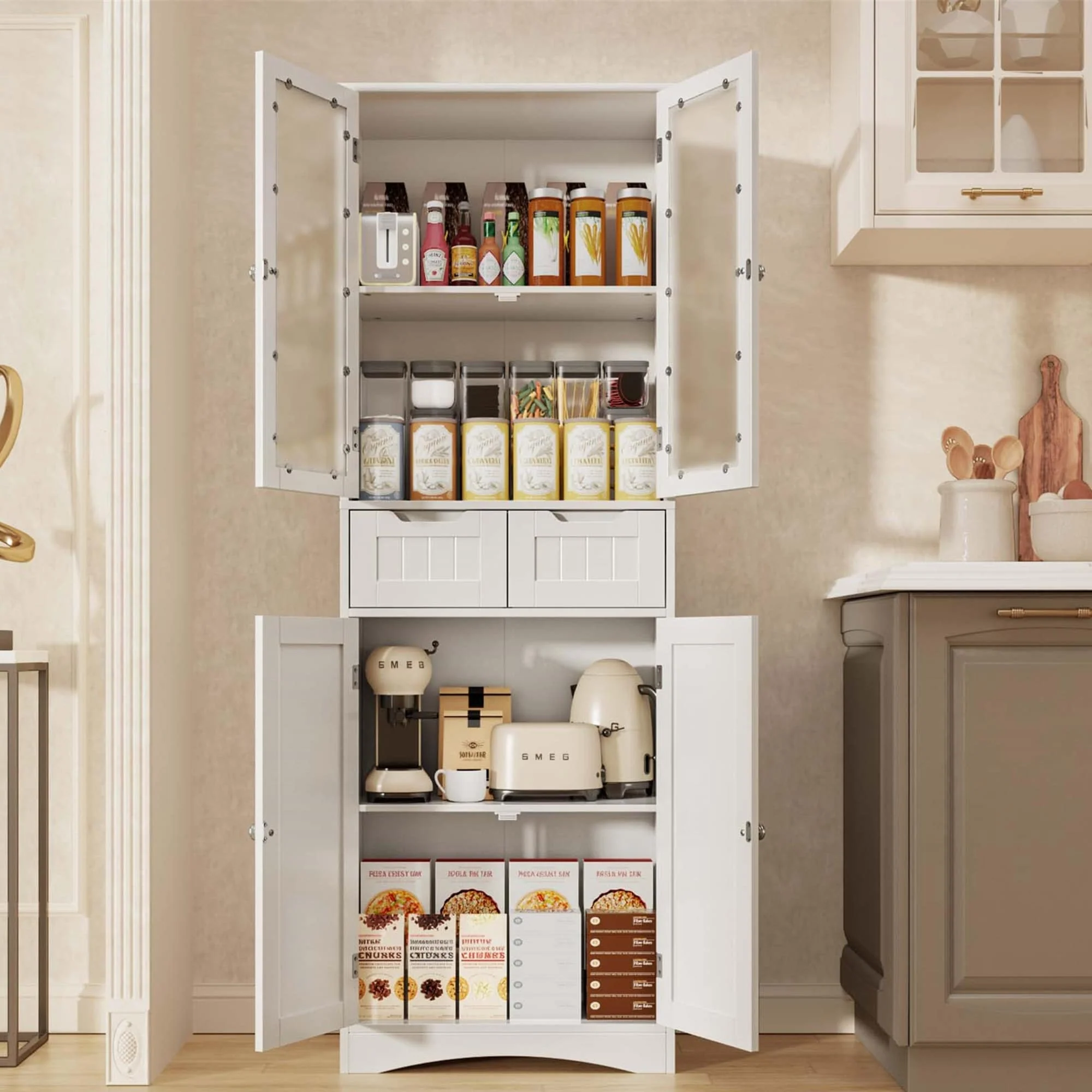 Tall Kitchen Pantry Cabinet, Freestanding Storage Cabinet, Bathroom Storage Cabinet with Doors
