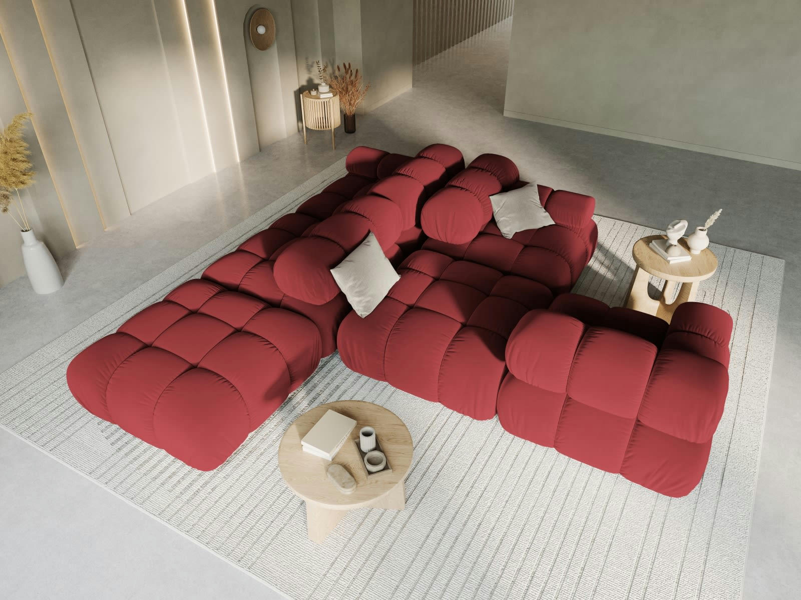 BELLIS - Canapé modulable gauche 4 places en tissu velours rouge foncé