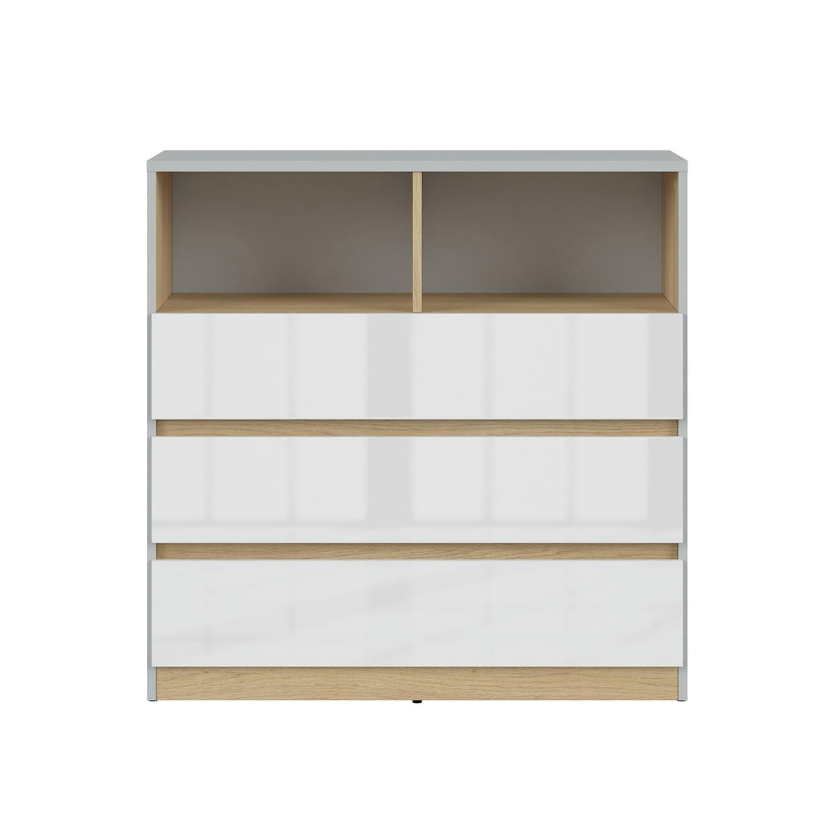 - Commode 3 tiroirs 2 niches gris et blanc