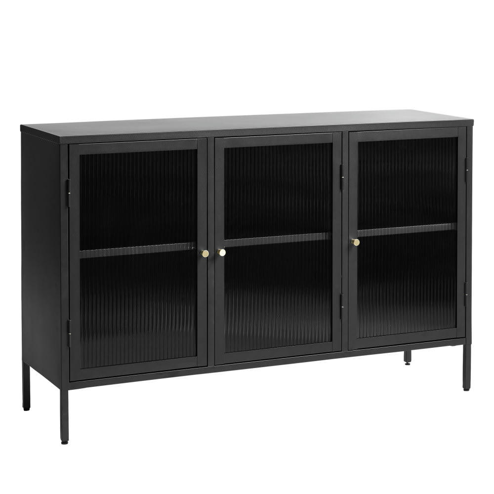BJORN - Buffet 3 portes en verre strié et métal L132cm noir
