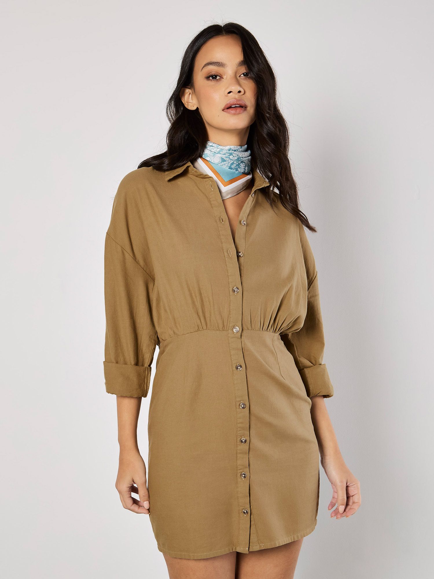 Apricot Fitted Twill Shirt Mini Dress