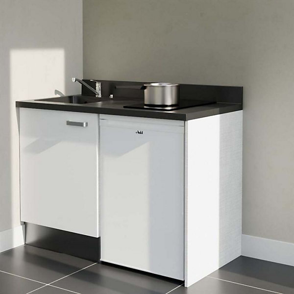 Kitchenette K08 - 120 cm - façades Blanc - Plan monobloc en quartz coloris Nero évier à gauche - Electroménager Blanc