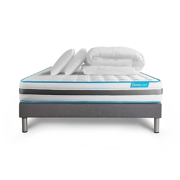 Pack sommier kit matelasRessorts ensachés et mémoire de forme avec couette et oreillers