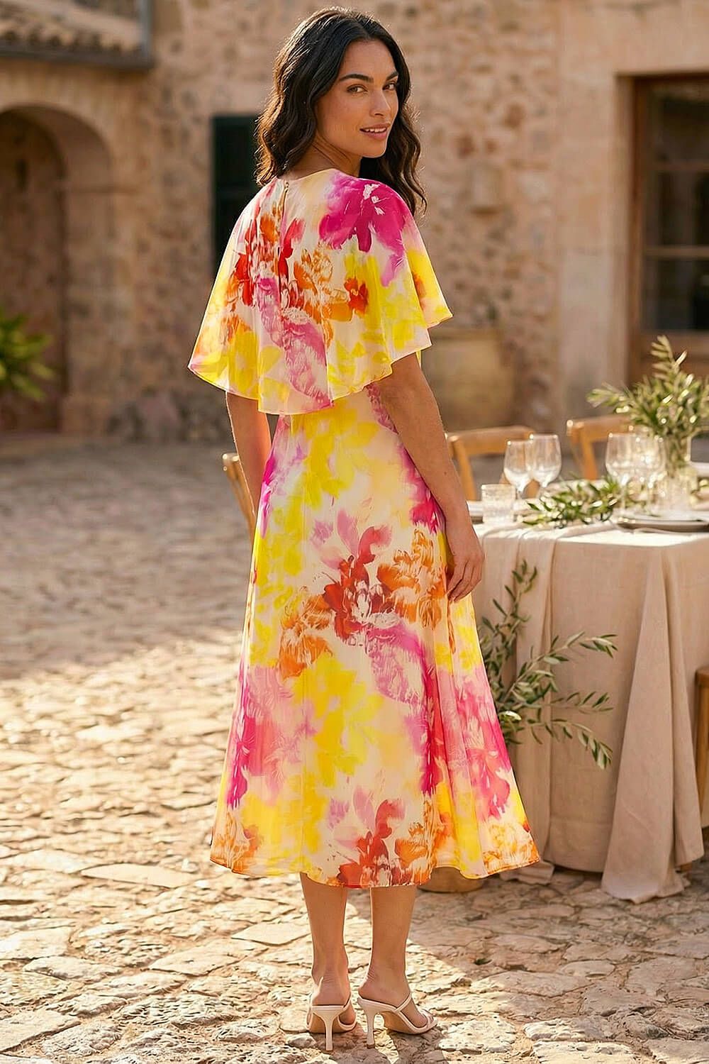 Roman Abstract Printed Cape Dress