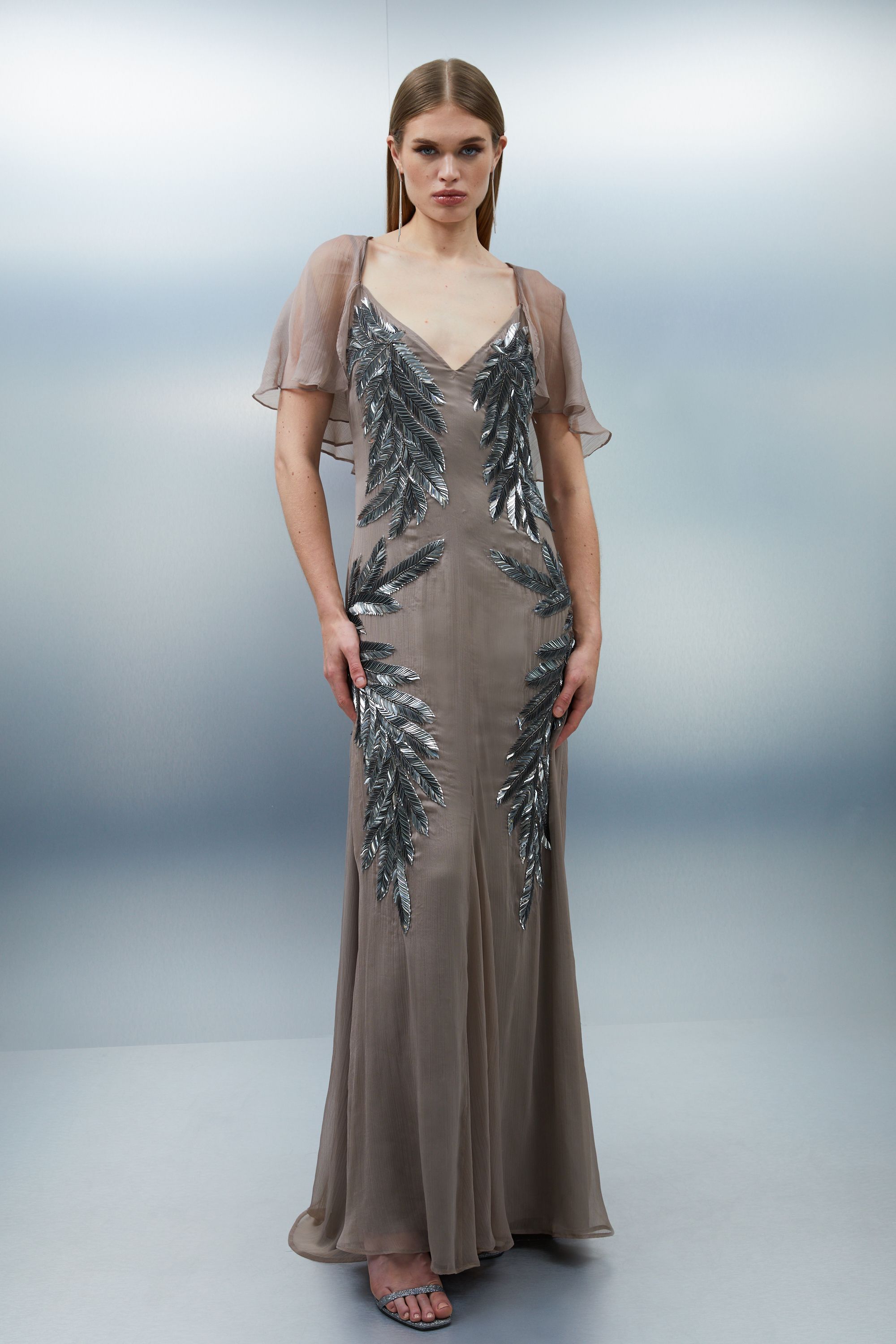 KarenMillen Petite Feather Embellished Woven Cape Sleeve Maxi Dress
