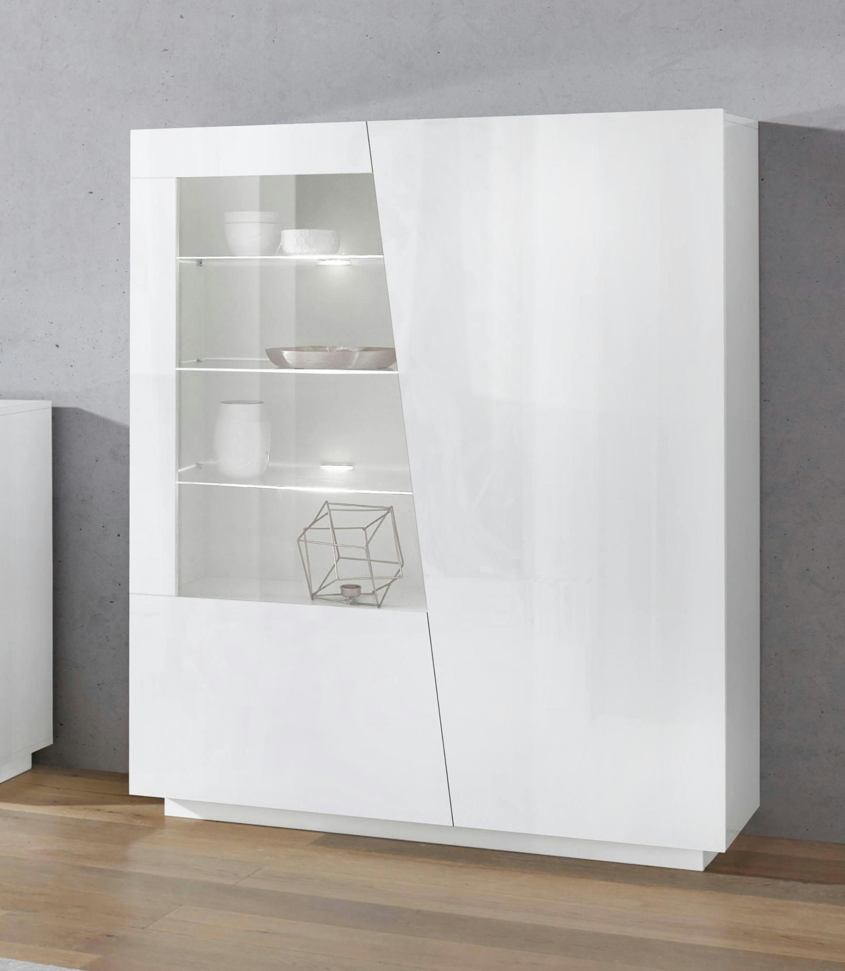 - Vitrine moderne avec porte effet bois blanc brillant