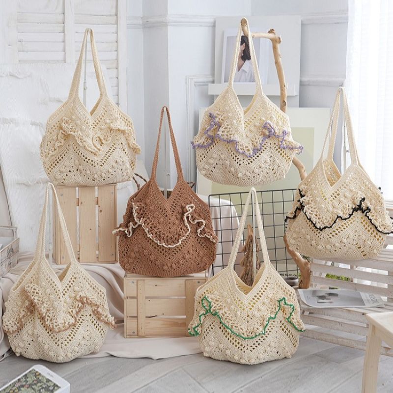 PEACH ACCESSORIES Crochet Ruffle Shoulder Summer Bag