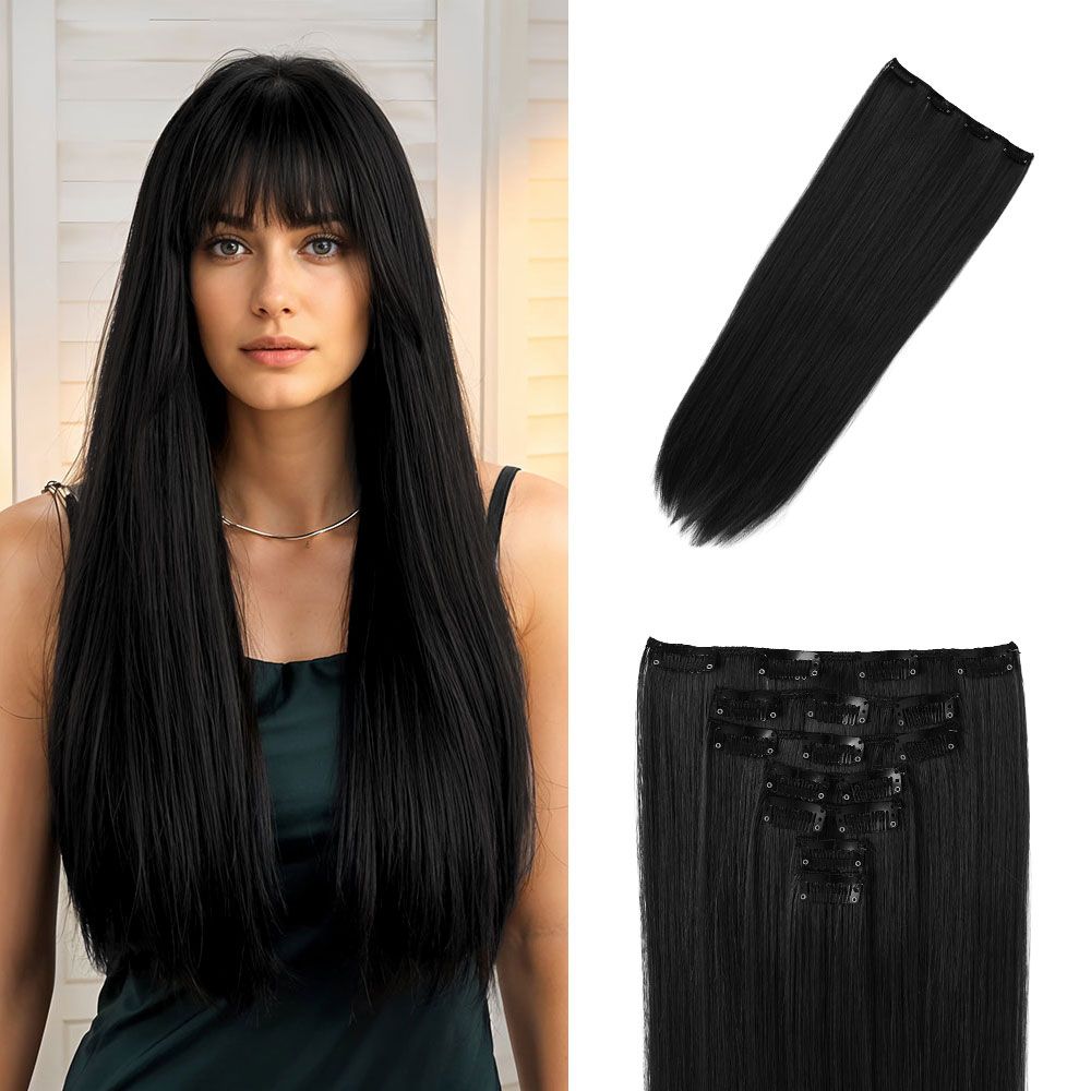SHEONLY 7Pcs Black Clip-In Straight Hair Extensions