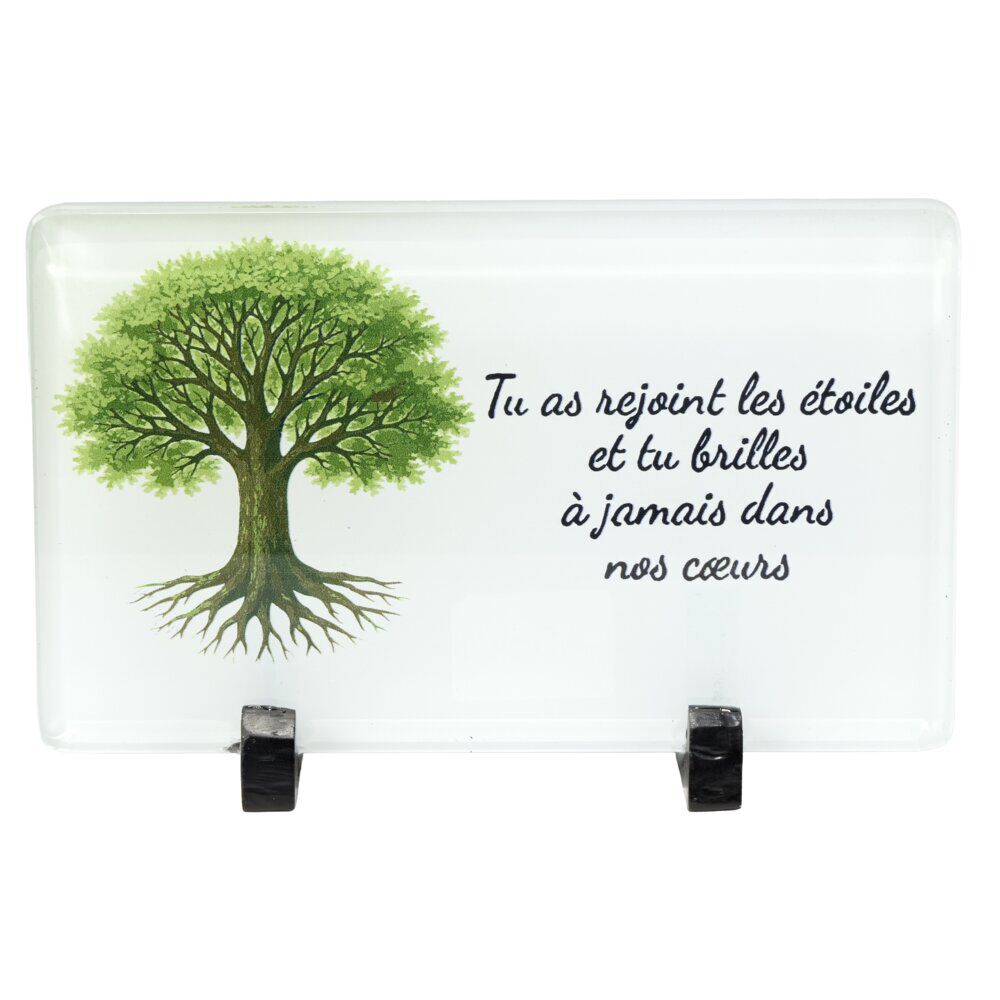 Plaque funéraire inscription arbre de vie verre blanc pied métal 20x8,3xH12,5cm