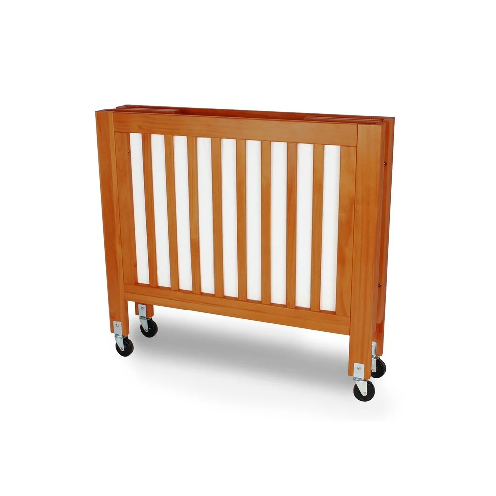 Foldable Wood and Metal Crib with Casters and Slatted Details, Brown