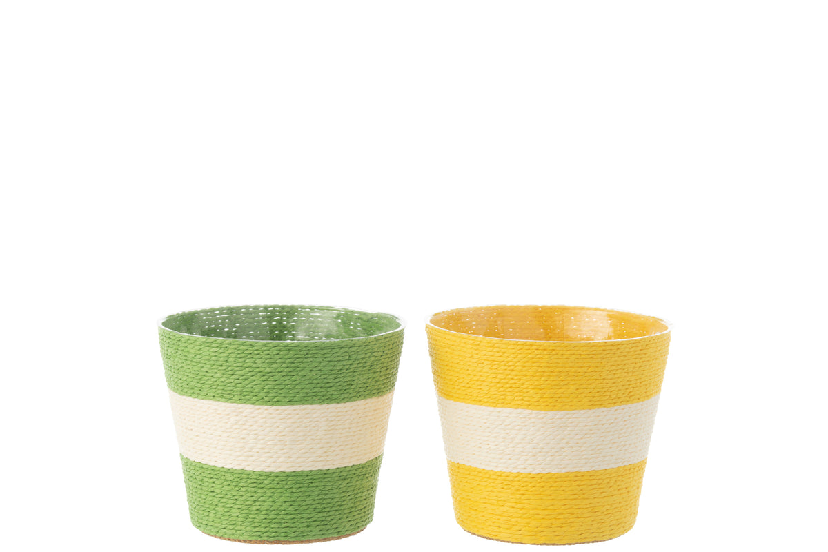 J-Line bloempot Touwtjes Streep - papier - geel/groen - medium - 2 st. - Ø 15 cm