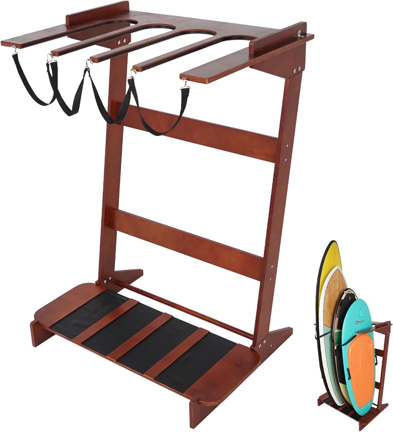 Freestanding Surfboard Rack, Vertical Surfboard Stand Racks, Surf Rack of Free Wall Mount Fits Shortboards, Longboards, Wakeboards, Holds 4 Board, Pine Wood,1 PCS,Dark Brown