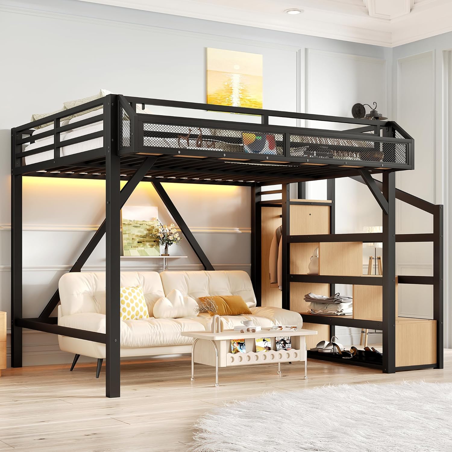 Bellemave Full Loft Beds with Storage Beside Shelves and Wardrobe, Metal Loft Bed with LED Lights and USB Ports, Heavy-Duty Loft Bed Frame for Teens, Adults, Noise-Free & Space-Saving, Black+Natural