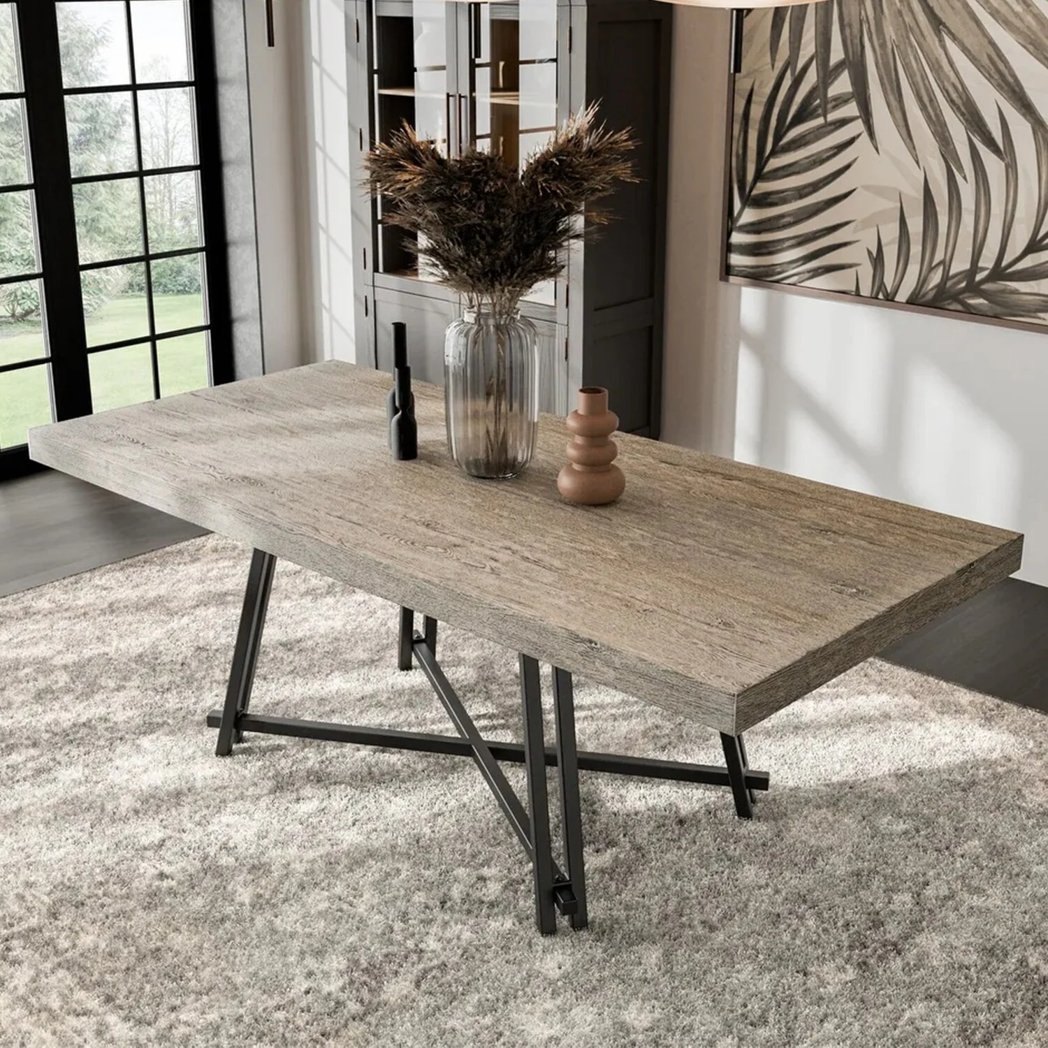 Rectangular Wooden Dining Table with Metal Trestle Base in Black and Light Gray - Black/Light Gray