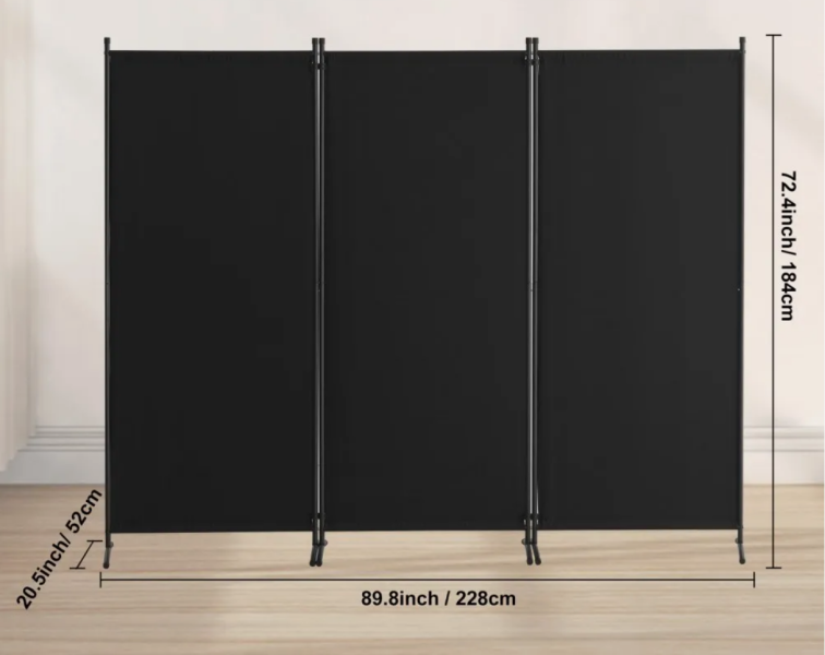 Parawan pokojowy 3-panelowy 228x184cm składany tkanina wolnostojący czarny