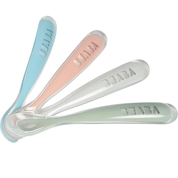 APPRENTISSAGE REPAS - Lot de 4 cuillères en silicone 1er âge bleu rose et gris