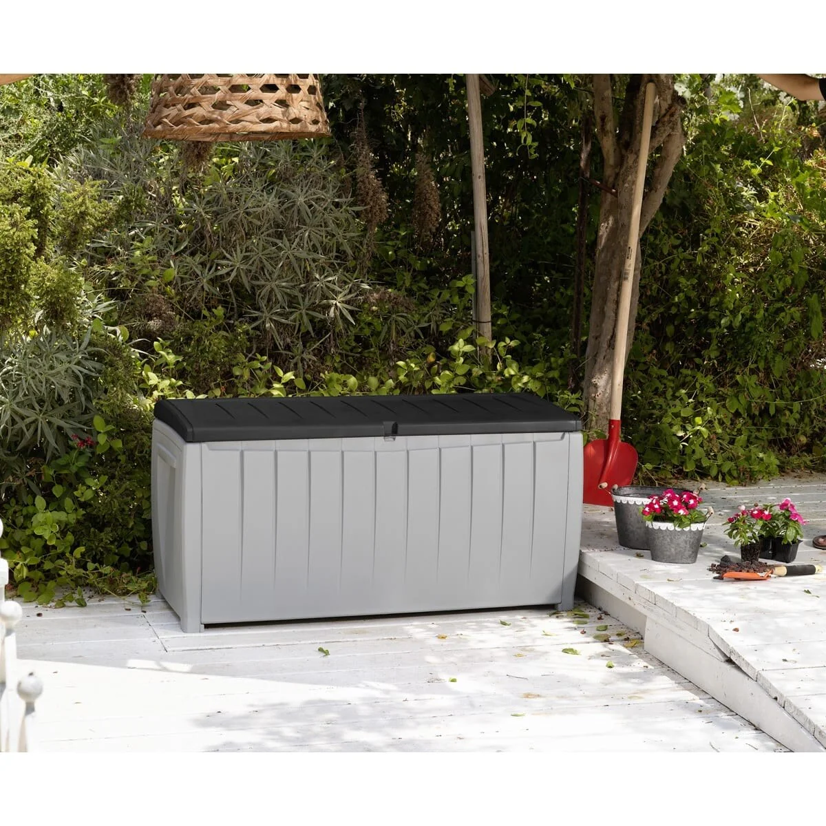 Keter Novel 90 Gallon Durable Resin Outdoor Storage Deck Box For Furniture and Supplies, Grey