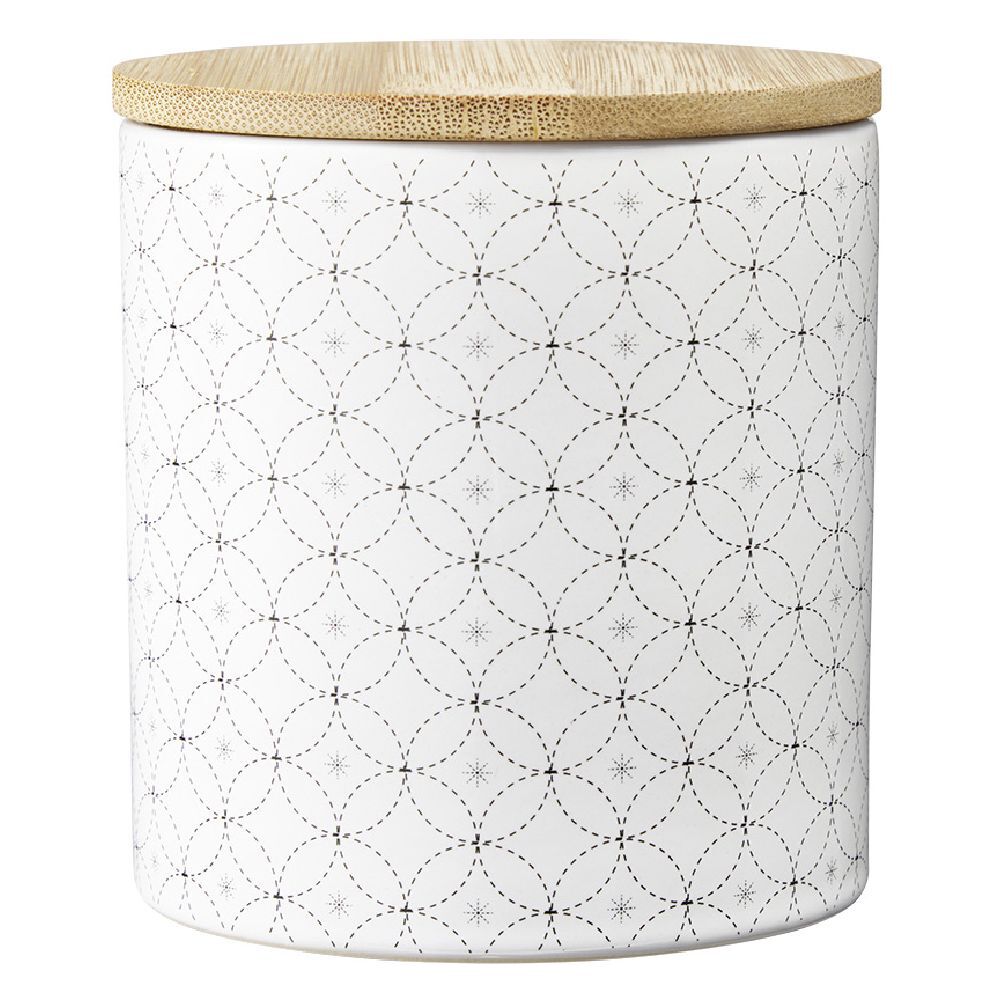 Pot en céramique blanc à motif gris avec couvercle en bois H10,5 cm