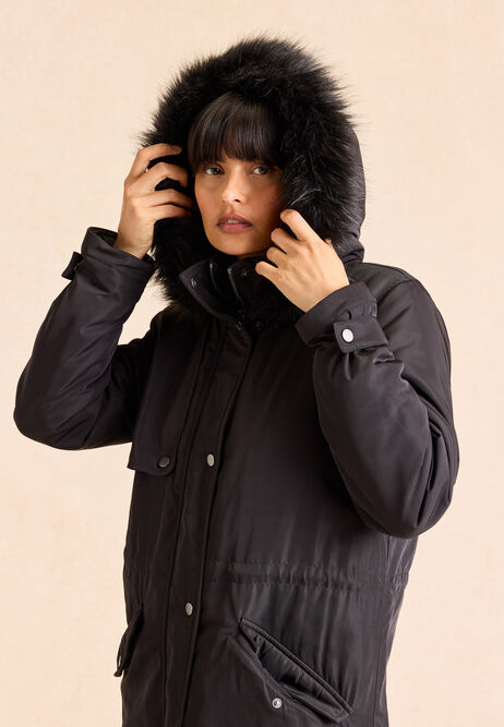 Womens Black Fluffy Trim Hood Parka Coat