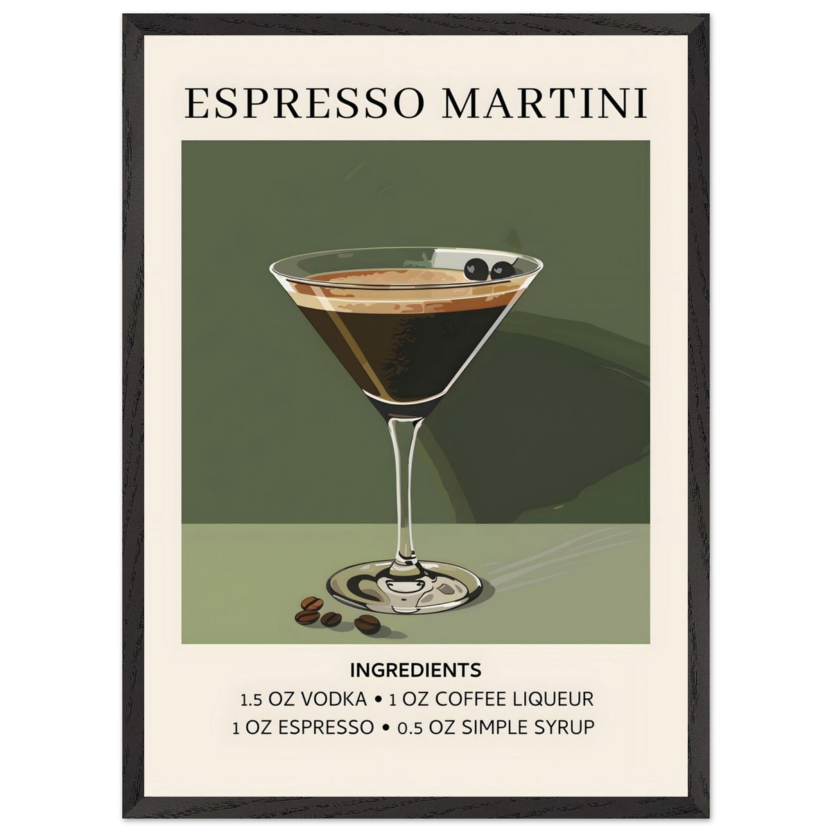 Artfulprints Poster met Lijst Espresso Martini cocktail - Ingrediënten  - 50x70 cm - Donkergroen