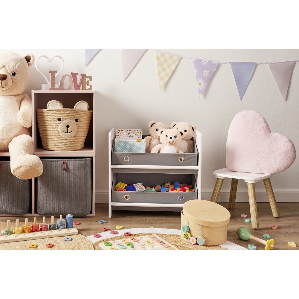Meuble de rangement enfant 2 niveaux bois blanc et panières grises 50x30xH48cm