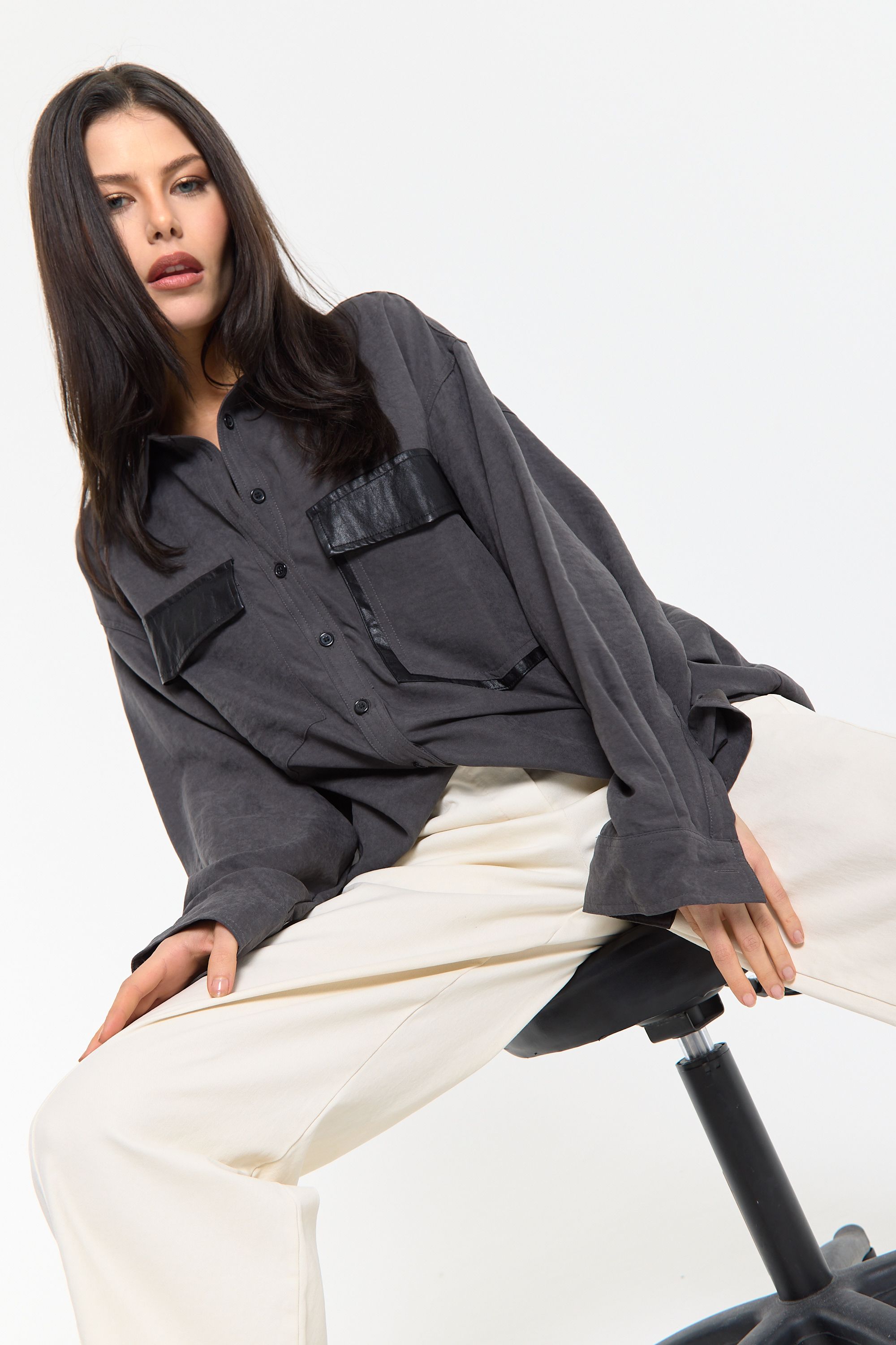 House of Holland Faux Leather Pocket Oversized Shirt