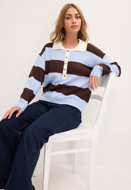 Womens Blue Stripe Rugby Collar Jumper