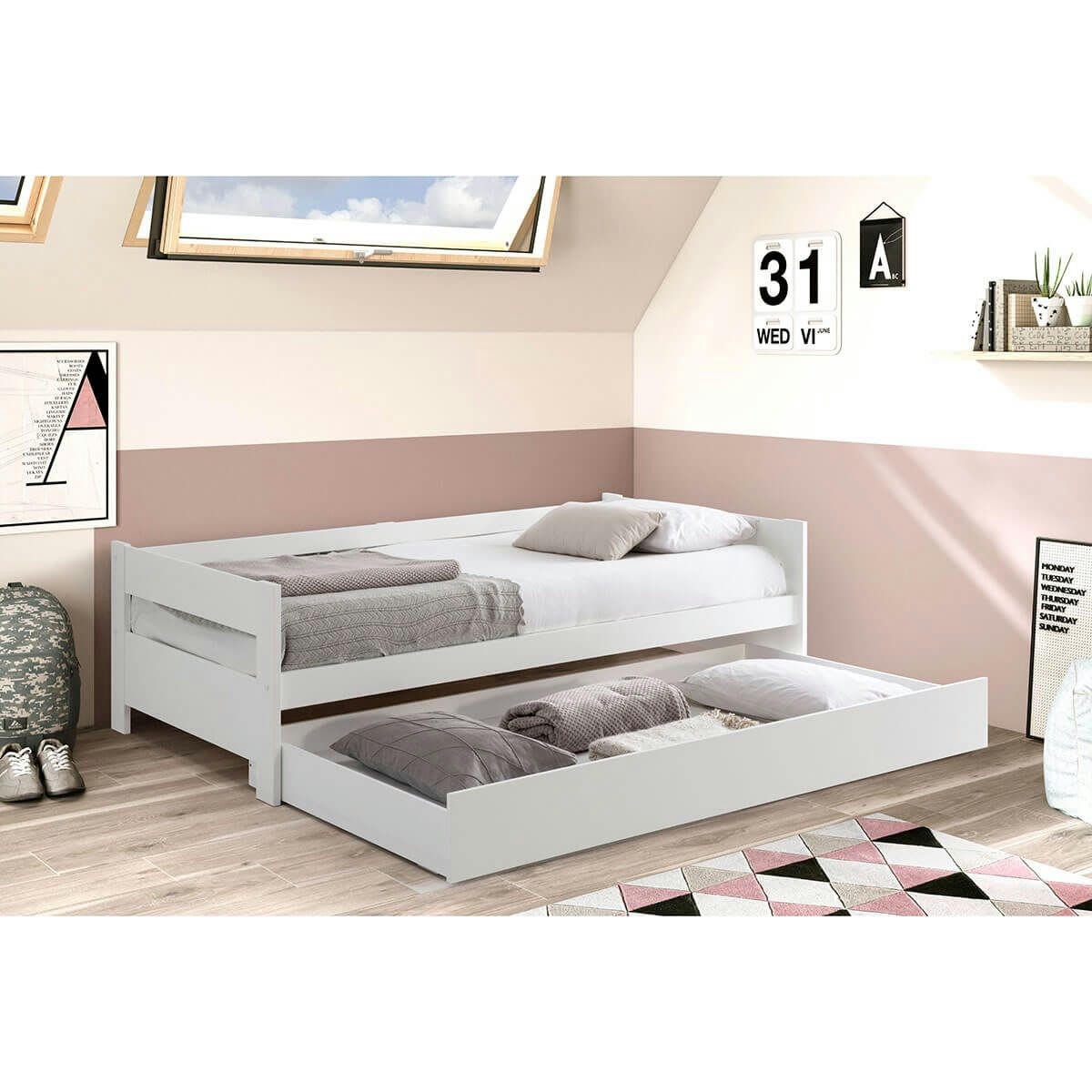 LAMOZA - Lit  90x190cm + tiroir blanc laqué et naturel