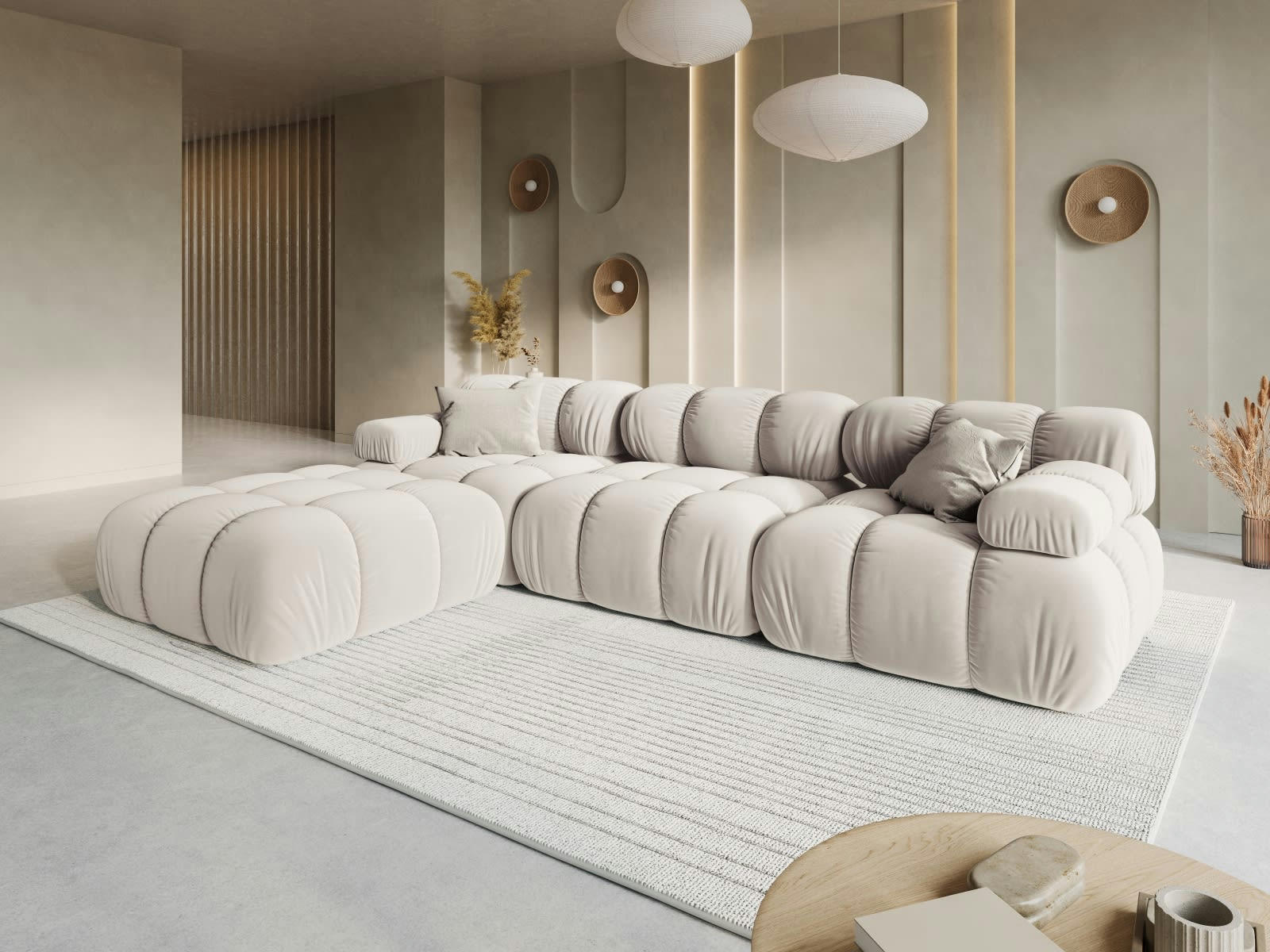 BELLIS - Canapé modulable 4 places en tissu velours beige clair