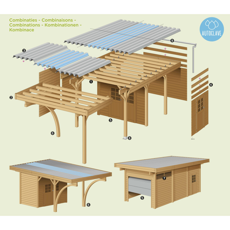 Paroi frontale avec simple porte pour carport 2,1 x 2,45 m SOLID