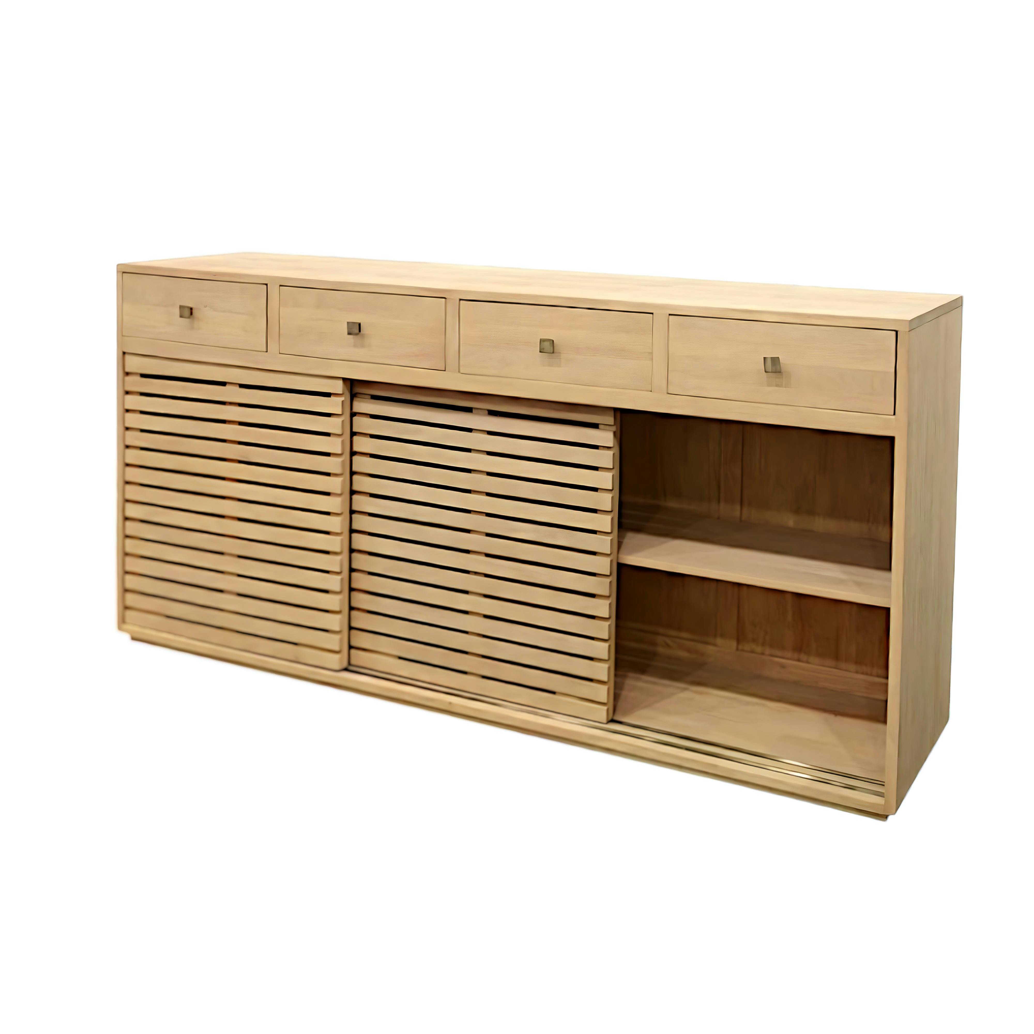 Enfilade / Buffet long Hévéa 3 portes coulissantes Persiennes, 4 tiroirs 180x45x90cm NEW ORLEANS