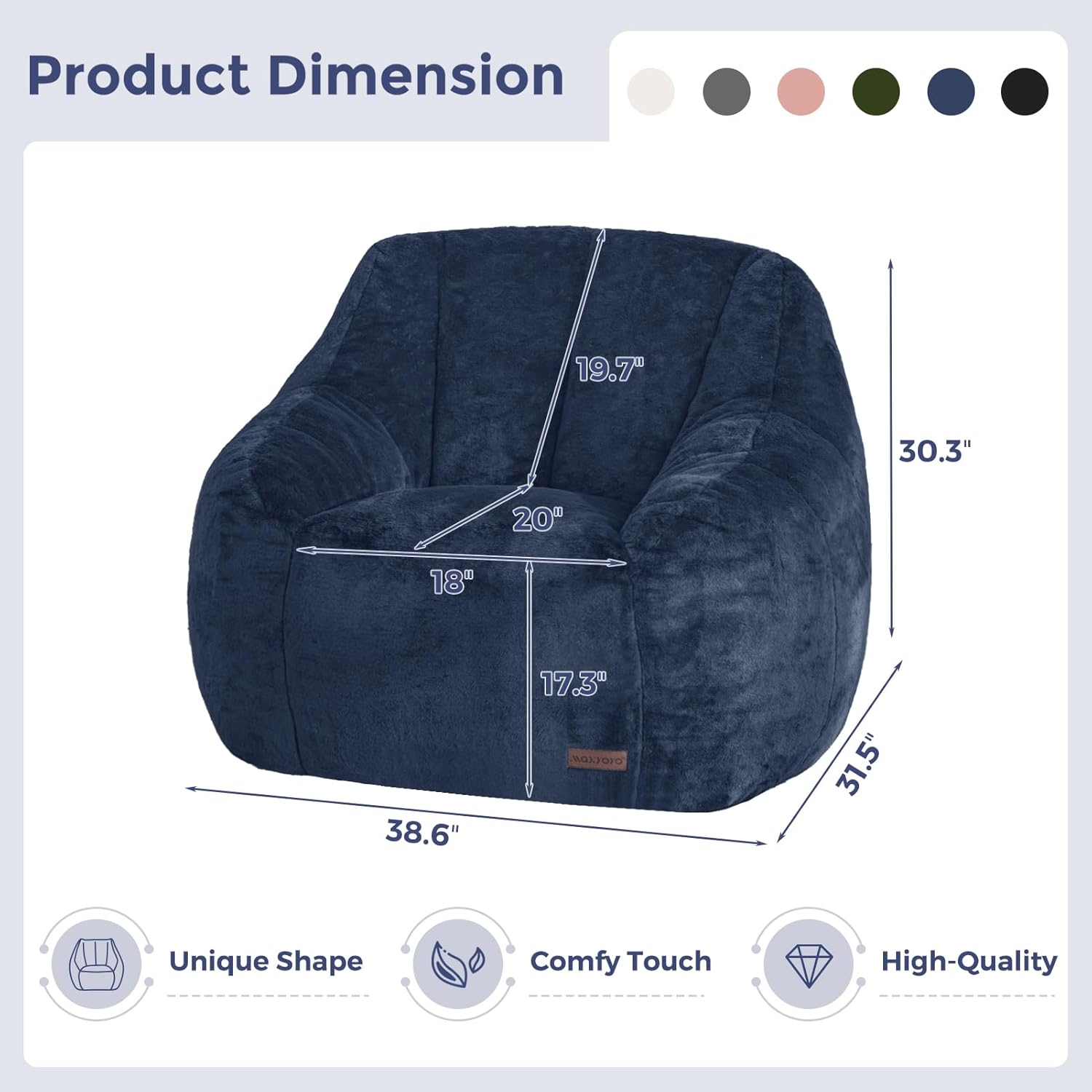 MAXYOYO Bean Bag Chair, Comfy Bean Bag Sofa with Back Support, Faux Fur Bean Bag Chair for Adults and Kids, Stuffed Floor Sofa for Living Room, Bedroom, Apartment, Navy