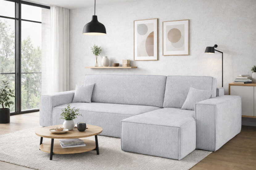 Sofa w kształcie L BEST narożnik, tkanina Poso, Jasnoszary Prawostronny