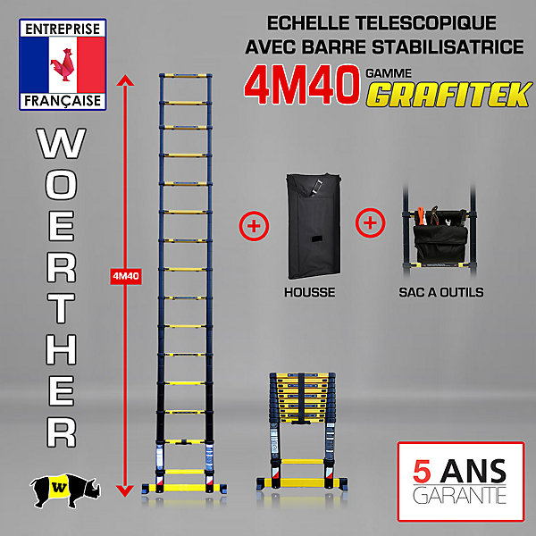 Echelle télescopique Woerther 4m40 avec barre stabilisatrice plus housse et sac porte outils