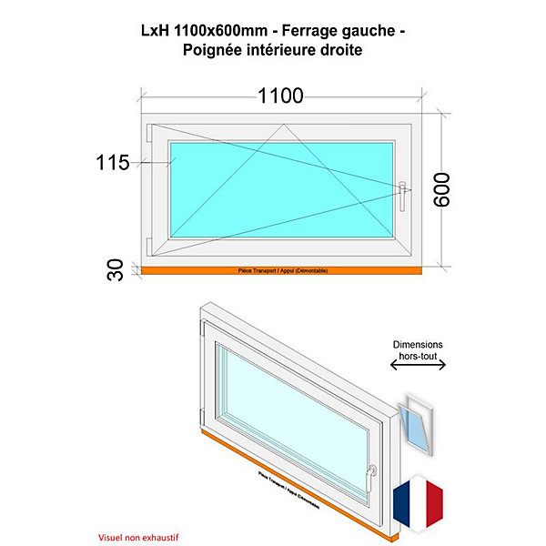 Fenêtre PVC - LxH 1100x600 mm -Triple Vitrage - Blanc -poignée à droite