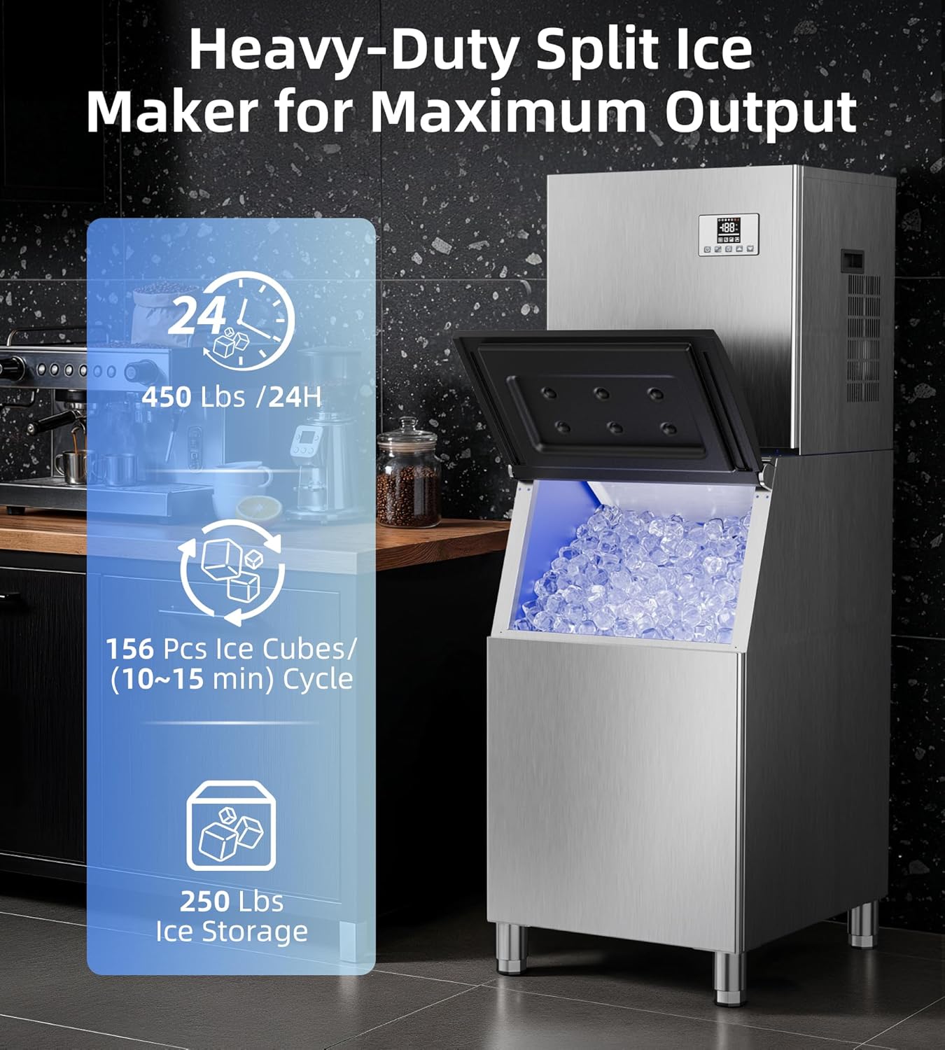 Landeagle Commercial Ice Maker Machine 450Lbs/24H with 250Lbs Storage, Self-Cleaning Mode, Industrial Ice Machine, Ice Ready in 7-15 min, Stainless Steel Ice Maker for Bar/Cafe/Restaurant/Businessss