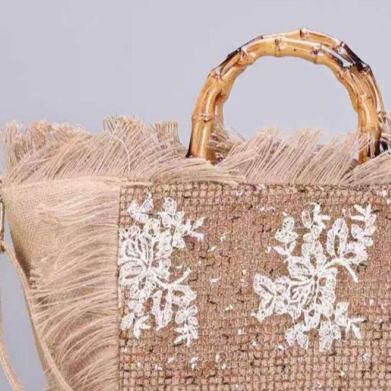 PEACH ACCESSORIES Bamboo Handle Lace Fringe Satchel Summer Tote