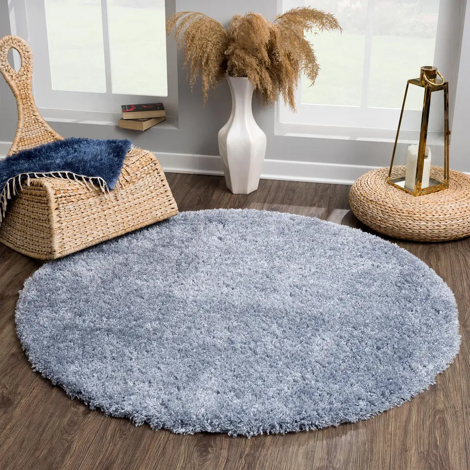 Porto Rond Soft Fluffy Vloerkleed Hoogpolig Effen Blauw - 120 CM ROND