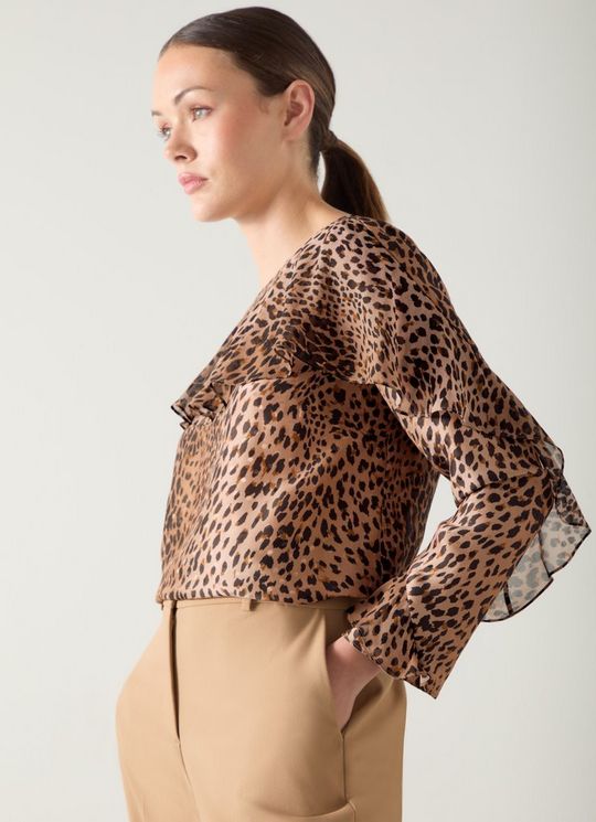 Edith Brown Animal Print Frill Detail Top
