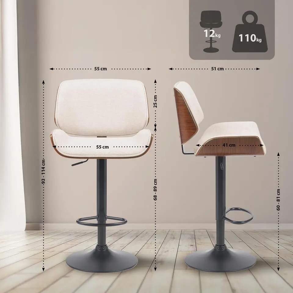 CLP Barkruk Beverley zwart Frame - Stof - walnoot/creme